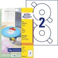 Avery L6043-25 CD-DVD-Disketten-Etiketten A4 Weiss 25 Blatt à 2 Etiketten