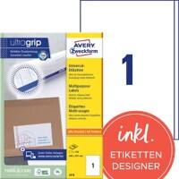 Étiquettes universelles Ultragrip AVERY Zweckform 3418 Adhésif A4 Blanc 200 x 297 mm 100 Feuilles de 1 Étiquettes