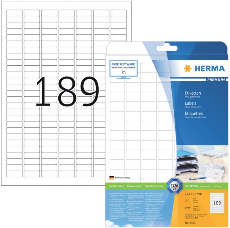 Étiquettes universelles HERMA 4333 Adhésif A4 Blanc 25.4 x 10 mm 25 Feuilles de 189 Étiquettes
