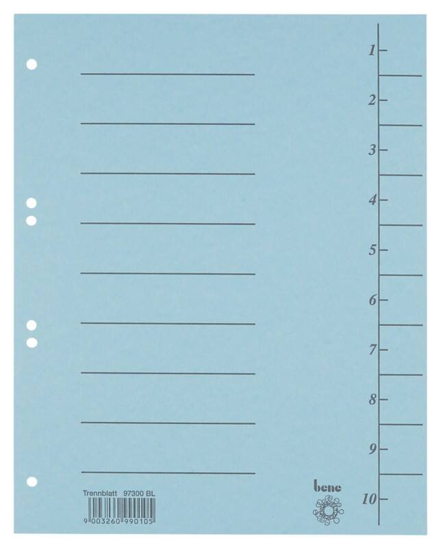 Bene 1 bis 10 Trennblätter DIN A4 Blau 10-teilig Pappkarton 6 Löcher 97300BL 100 Stück