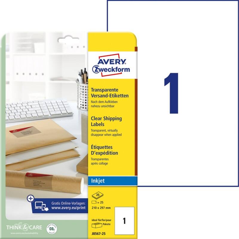 Étiquettes d'adresse jet d'encre AVERY Zweckform QuickPEEL A4 Transparent 210 x 297 mm 25 Feuilles de 1 Étiquettes