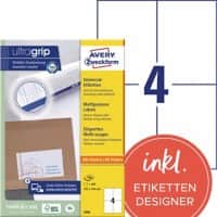 AVERY Zweckform Universaletiketten 3483 Ultragrip Weiss DIN A4 105 x 148 mm 100 Blatt à 4 Etiketten