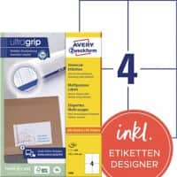 Étiquettes universelles AVERY Zweckform 3483 Ultragrip Blanc A4 105 x 148 mm 100 Feuilles de 4 Étiquettes