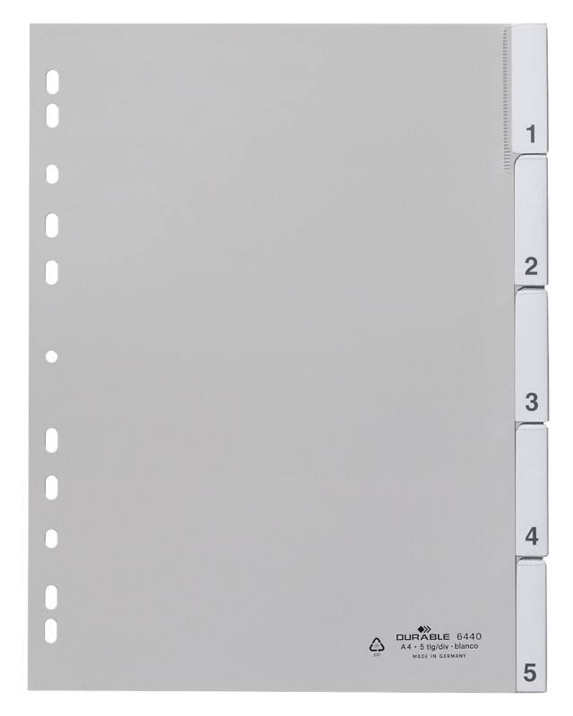 Intercalaires numériques 1 à 5 DURABLE A4 Gris 5 intercalaires PP (Polypropylène) 11 Perforations 6440