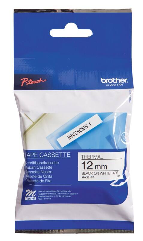 Brother M-K231 Authentic Schriftband Selbstklebend Schwarzer Druck auf Weiss 12 mm x 8m
