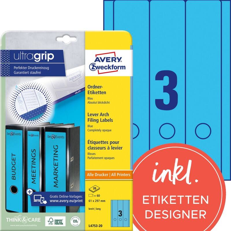 AVERY Zweckform ultragrip Ordneretiketten L4753-20 Selbsthaftend A4 Blau 6.1 x 29.7 cm 20 Blatt à 3 Etiketten