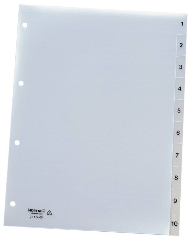 Intercalaires numériques Vista 1 à 10 Kolma A4 Transparent 10 intercalaires PP (Polypropylène) 4 Perforations 21.114.00