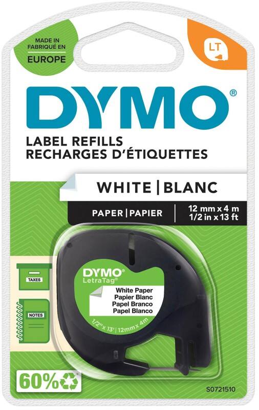 Dymo LT S0721510 / 91200 Authentic LetraTag Paper Schriftband Selbstklebend Weiss 12 mm x 4m