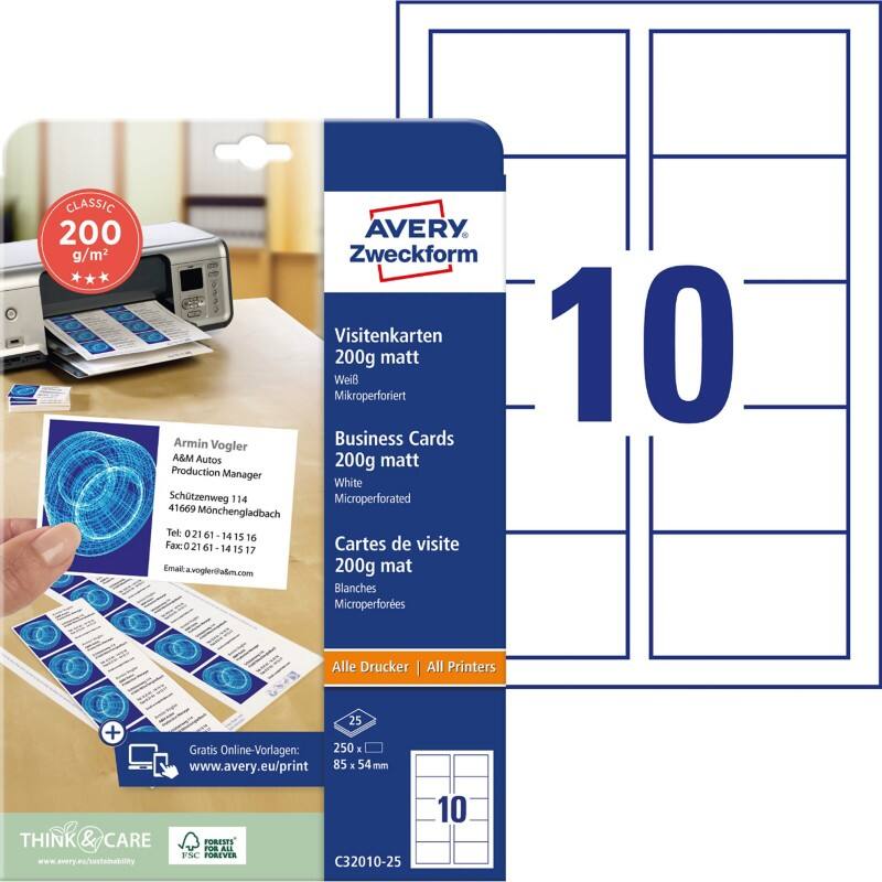 Cartes de visite AVERY Zweckform Quick and Clean 200 g/m² Blanc 25 Feuilles de 10 Unités