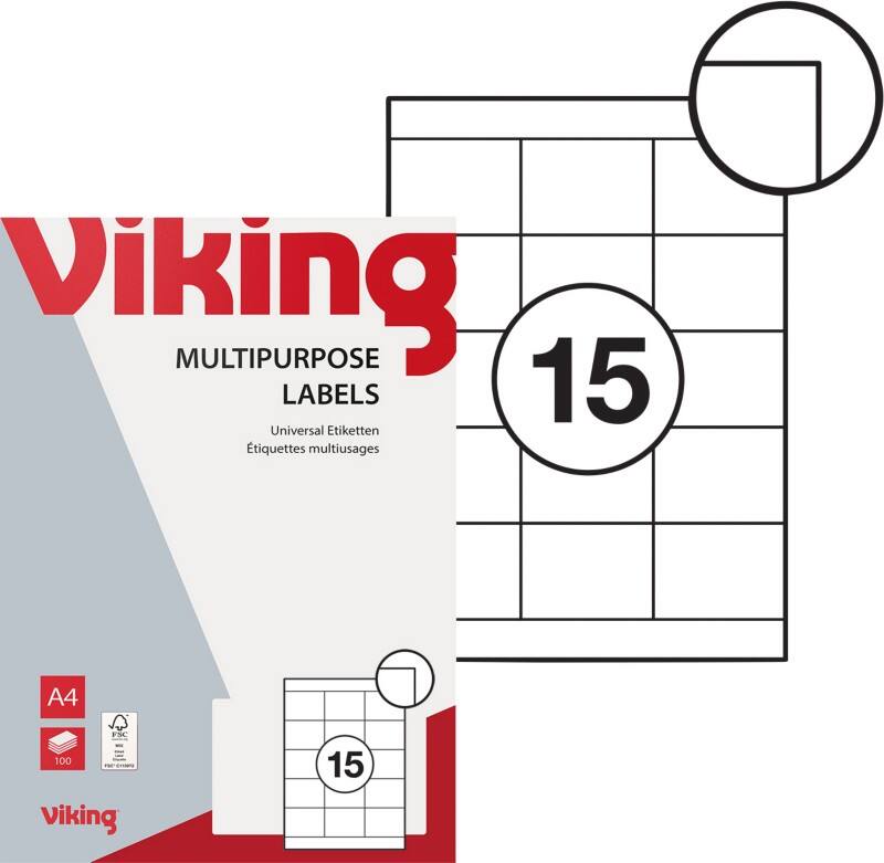 Viking Universaletiketten Selbsthaftend 70 x 50,8mm Weiss 100 Blatt mit 15 Etiketten