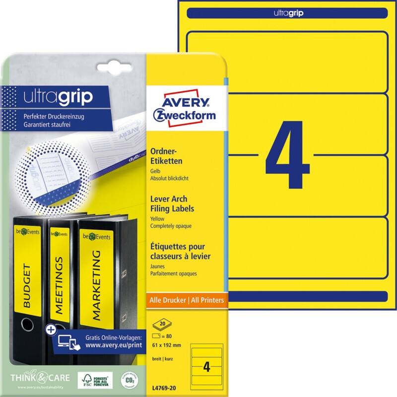 Étiquettes pour dos de classeurs AVERY Zweckform Ultragrip L4769-20 Jaune A4 61 mm 20 Feuilles de 4 Étiquettes