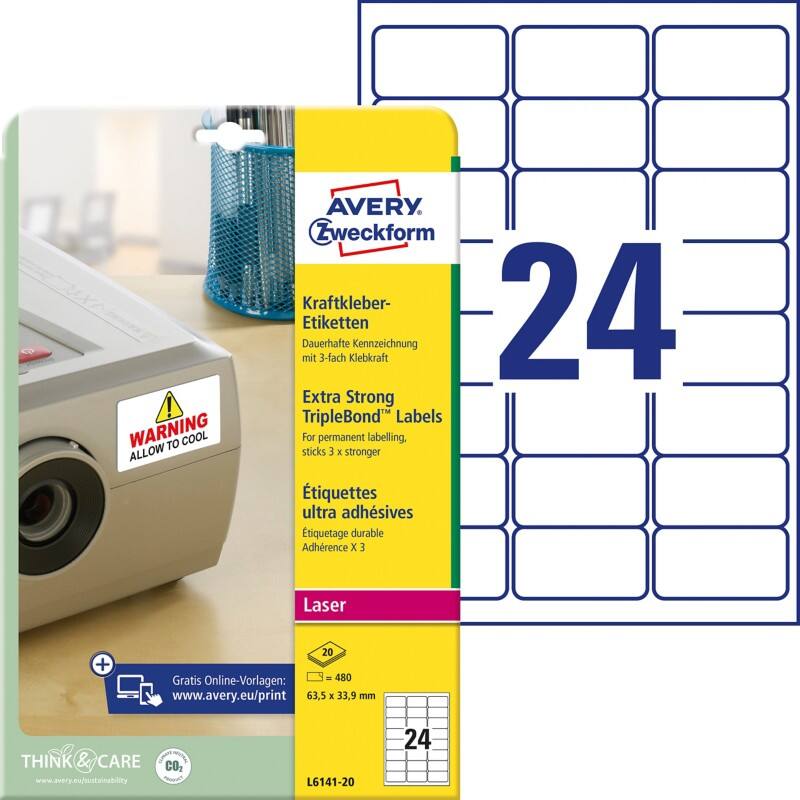 Étiquettes ultra adhésives AVERY Zweckform L6141-20 L6141-20 Blanc Rectangulaires A4 63,5 x 33,9 mm 20 Feuilles de 24 Étiquettes