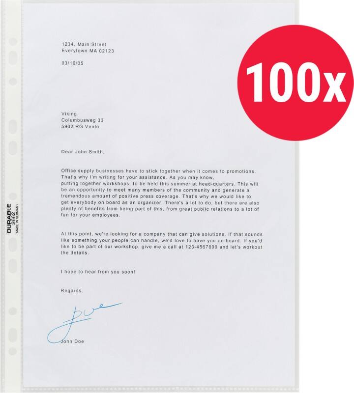 Pochette perforée DURABLE Premium A4 Chrystal claire Transparent 80 microns Polypropylène Ouverture au-dessus 2676-19 100 Unités