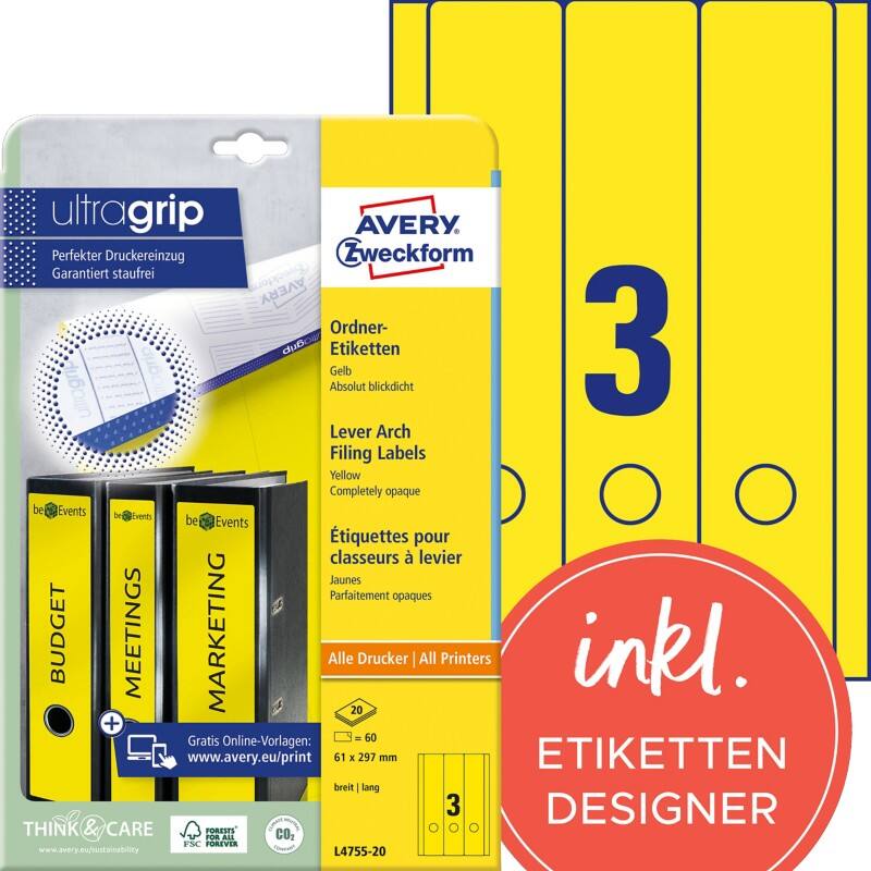 Étiquettes pour dos de classeurs AVERY Zweckform Ultragrip L4755-20 Jaune A4 61 mm 20 Feuilles de 3 Étiquettes