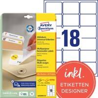 AVERY Zweckform L6025REV-25 Ablösbare Universaletiketten A4 Weiss 63,5 x 46,6 mm 30 Blatt à 18 Etiketten