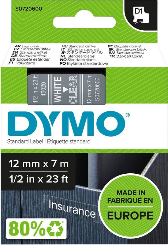 Dymo D1 S0720600 / 45020 Authentic Schriftband Selbstklebend Weisser Druck auf Transparent 12 mm x 7m