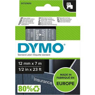 Ruban d’étiquettes Dymo D1 S0720600 / 45020 d’origine Autocollantes Noir sur transparent 12 mm x 7 m