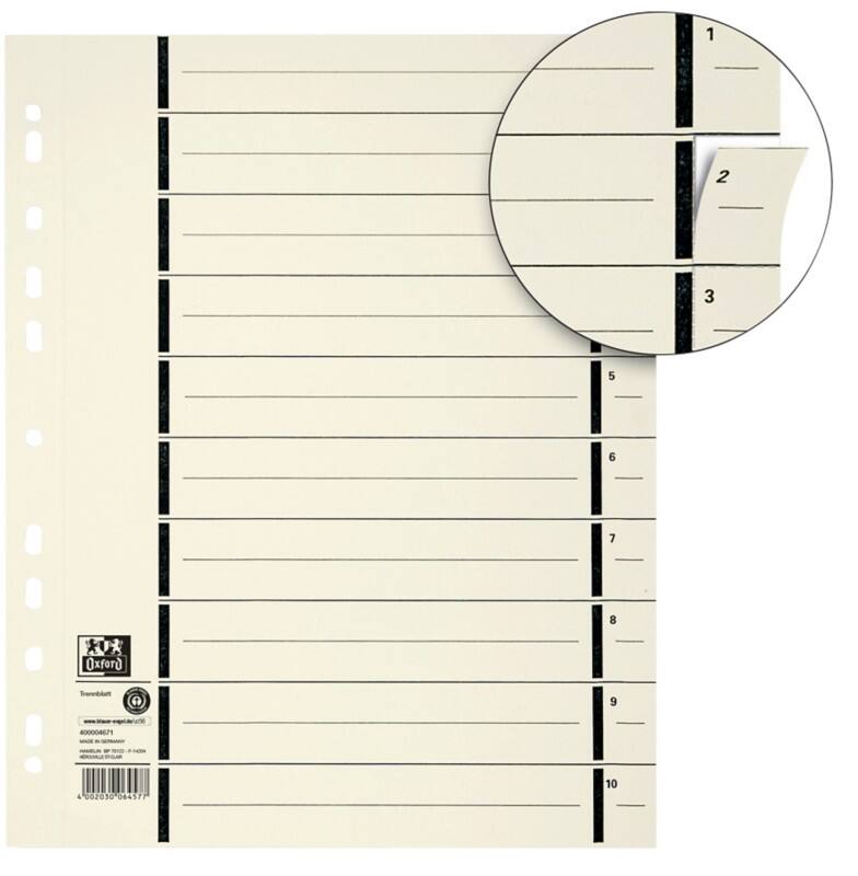 Intercalaires numériques 1 à 10 OXFORD A4 Chamois 10 intercalaires Carton 11 Perforations 400004671 100 Unités
