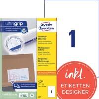 AVERY Zweckform Universaletiketten 3478 Ultragrip Weiss DIN A4 210 x 297 mm 100 Blatt à 1 Etiketten
