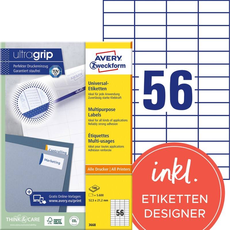 Étiquettes universelles Ultragrip AVERY Zweckform 3668 Adhésif A4 Blanc 52.5 x 21.2 mm 100 Feuilles de 56 Étiquettes
