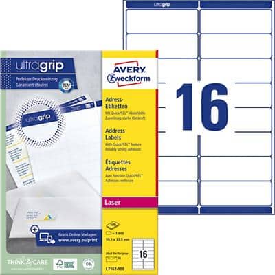 AVERY Zweckform Adressetiketten L7162-100 Ultragrip Weiss DIN A4 99,1 x 33,9 mm 100 Blatt à 16 Etiketten