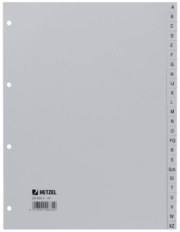 Hetzel A - Z Alphabetische Register A4 Grau 24-teilig PP (Polypropylen) 4 Löcher 256504