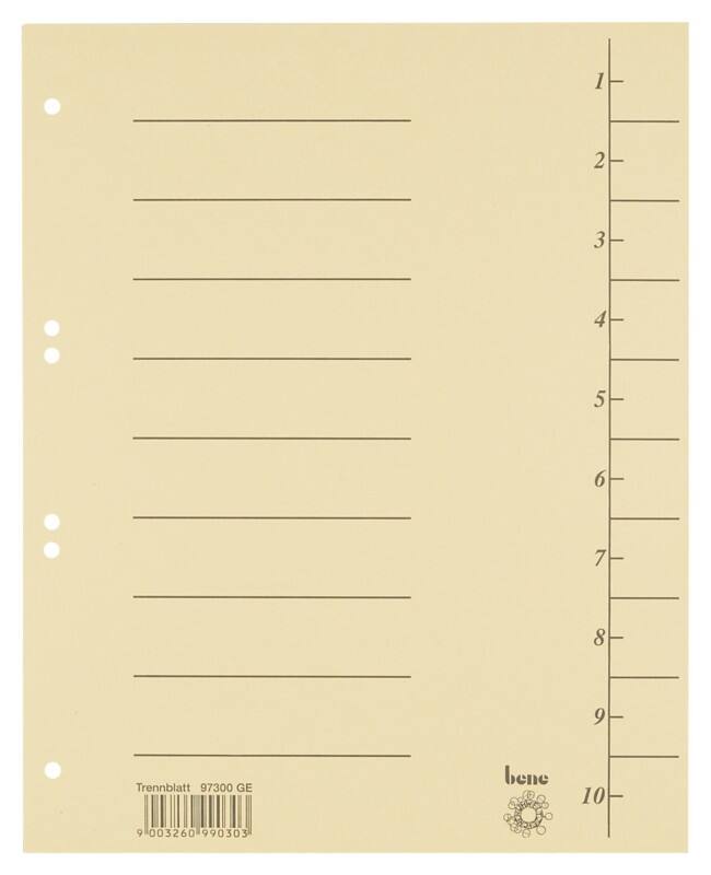 Bene 1 bis 10 Trennblätter DIN A4 Gelb 10-teilig Pappkarton 6 Löcher 97300GE 100 Stück
