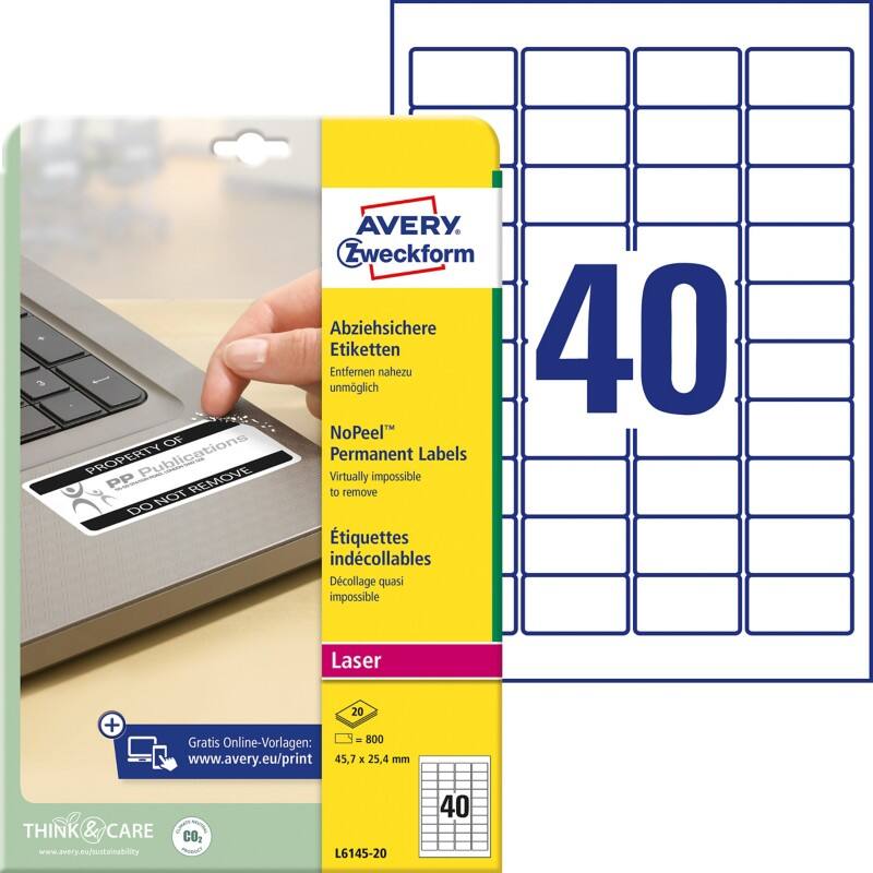 AVERY Zweckform L6145-20 Etiketten Abziehsicher A4 Weiss 45,7 x 25,4 mm 20 Blatt à 40 Etiketten