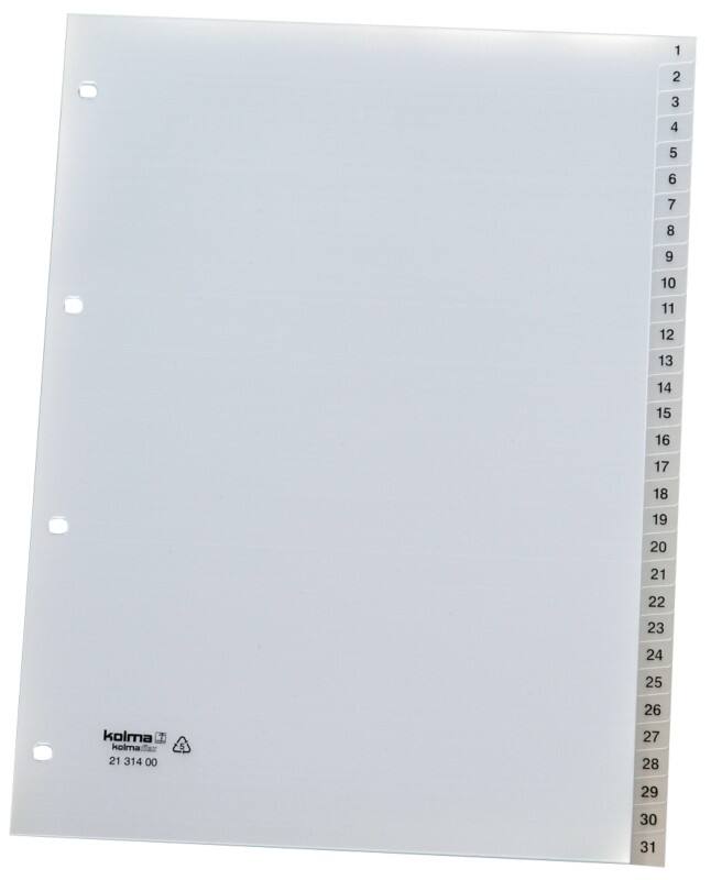 Kolma Vista 1 bis 31 Zahlenregister  A4 Transparent 31-teilig PP (Polypropylen) 4 Löcher 21.314.00