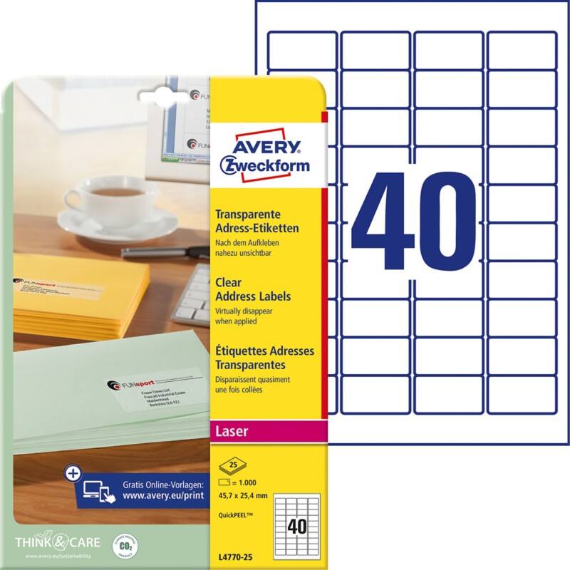 Étiquettes universelles Résistant à l'eau AVERY Zweckform L4770-25 Adhésif A4 Transparent 45.7 x 25.4 mm 25 Feuilles de 40 Étiquettes