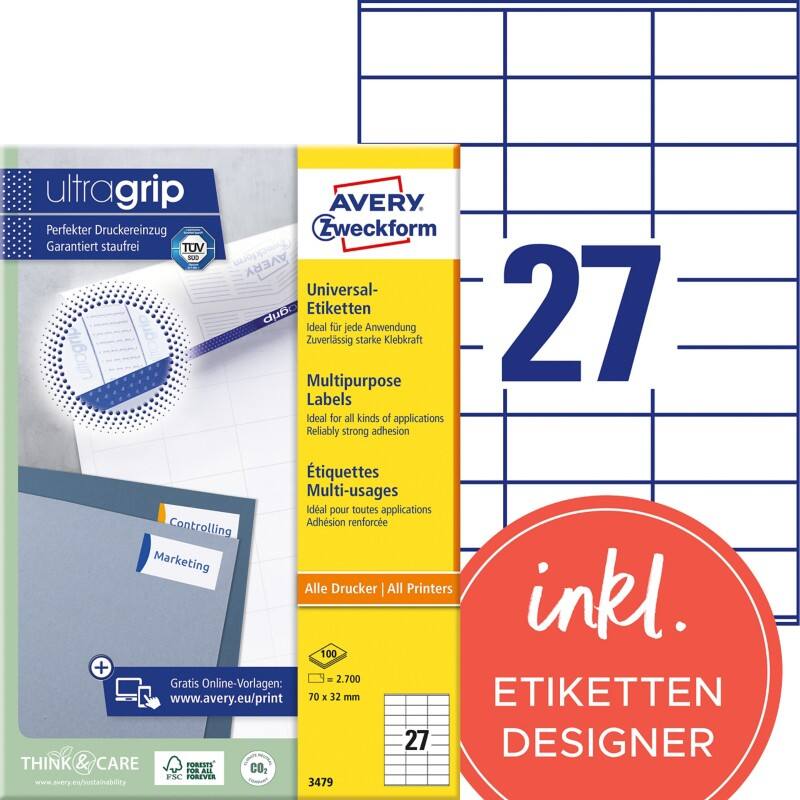Étiquettes universelles Ultragrip Laser AVERY Zweckform 3479 Adhésif A4 Blanc 70 x 32 mm 100 Feuilles de 27 Étiquettes