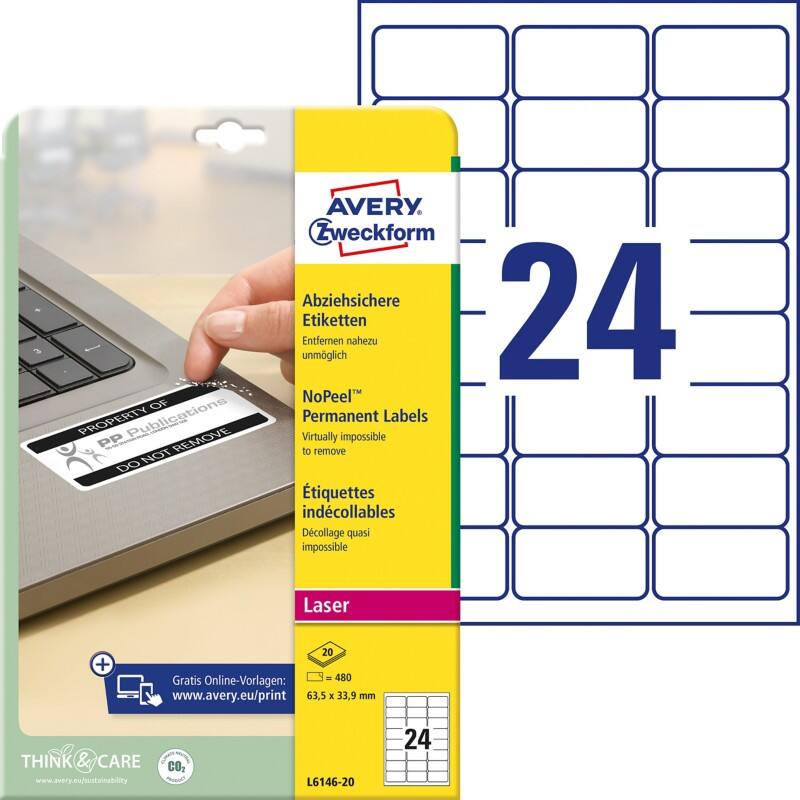 Étiquettes indécollables AVERY Zweckform L6146-20 Blanc 63,5 x 33,9 mm Rectangulaire 20 Feuilles de 24 Étiquettes