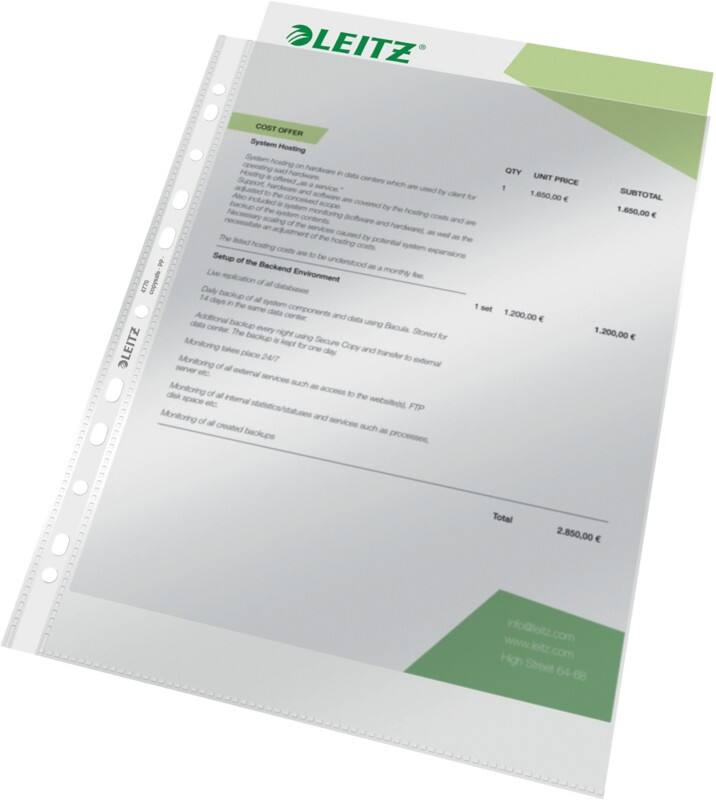 Pochette perforée Leitz A4 Chrystal claire Transparent 10 microns Polypropylène Ouverture au-dessus 11 perforations 4770 100 Unités