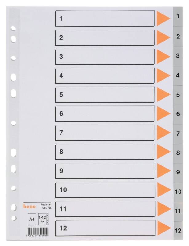 Intercalaires Bene A4 12 intercalaires 1 à 12
