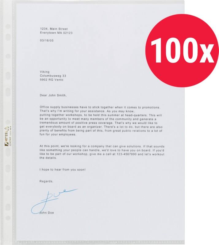 Hetzel Prospekthüllen A4 Glasklar Transparent 40 Mikron PP (Polypropylen) Öffnung oben 11 Löcher 224644 100 Stück