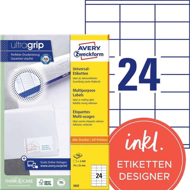 AVERY Zweckform ultragrip Mehrzwecketiketten 3422 Selbsthaftend A4 Weiss 70 x 35 mm 100 Blatt à 24 Etiketten