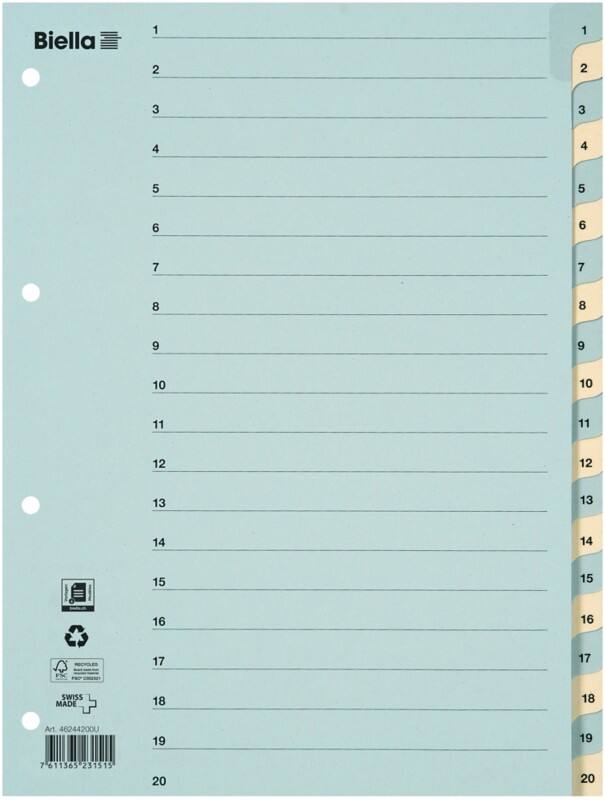 Intercalaires numériques 1 à 20 Biella A4 Bleu, Jaune 20 intercalaires Carton 4 Perforations