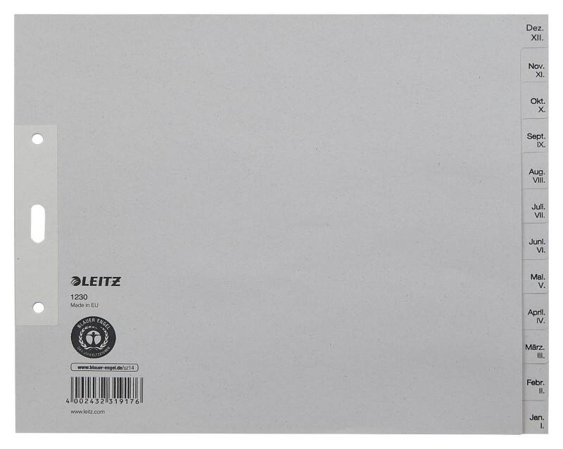 Intercalaires Leitz Déc à Jan A4 extra large (1/2 hauteur) Gris 12 intercalaires Carton 3 Perforations 1230