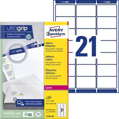 AVERY Zweckform Adressetiketten L7160-100 Ultragrip Weiss DIN A4 63,5 x 38,1 mm 100 Blatt à 21 Etiketten