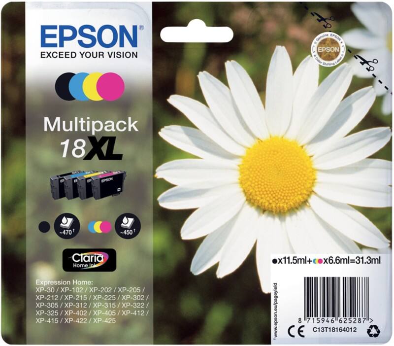 Cartouche jet d'encre Epson 18XL D'origine C13T18164012 Cyan, jaune, magenta, noir Multipack 4 Unités