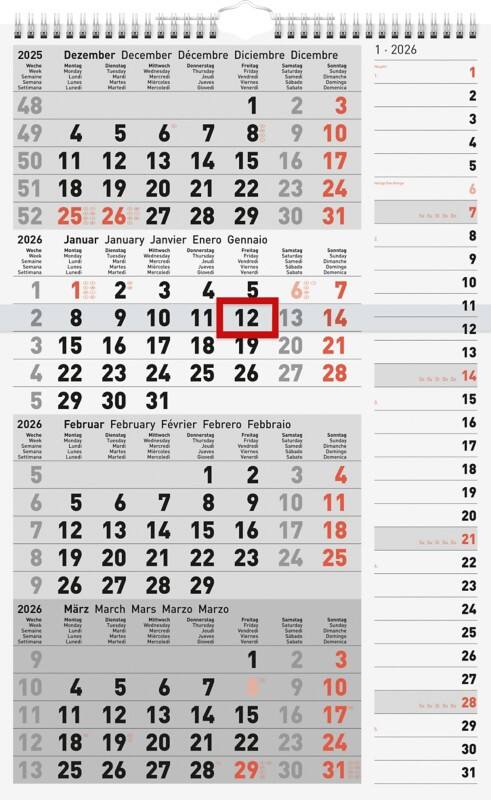 Calendrier de bureau BRUNNEN Combi Planner 2026 Allemand, Anglais, Français, Néerlandais 30 (L) x 49 (H) cm Blanc