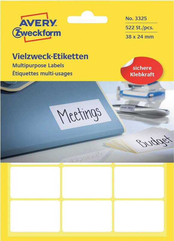 Étiquettes universelles AVERY Zweckform 3325 Adhésif Blanc 38 x 24 mm 29 Feuilles de 18 Étiquettes