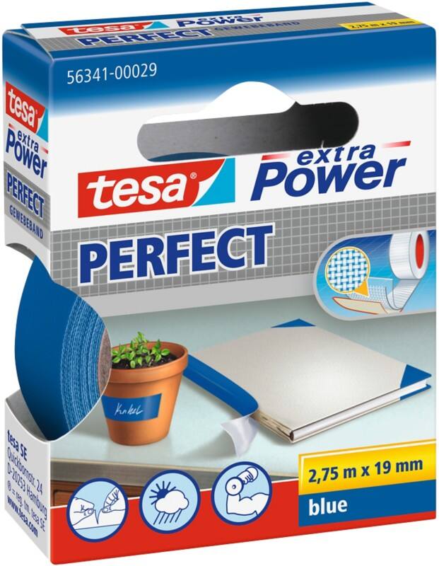 tesa Klebeband extra Power Perfect Blau 19 mm (B) x 2,75 m (L) Stoff