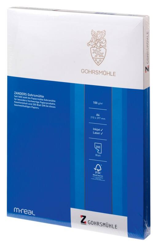 ZANDERS Gohrsmühle DIN A4 Papier mit Wasserzeichen Weiß 100 g/m² Matt 200 Blatt