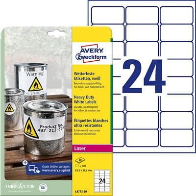 Étiquettes imperméables AVERY Zweckform L4773-20 Blanc A4 63,5 x 33,9 mm 20 Feuilles de 24 Étiquettes