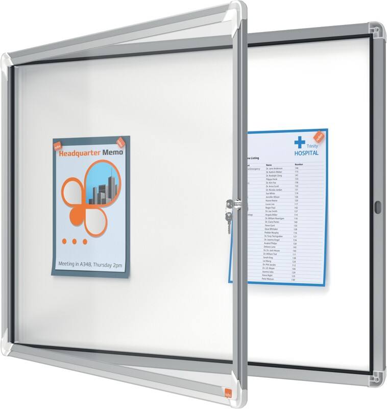 Tableau d'affichage Nobo Premium Plus 1902579 Magnétique Support mural Cadre en aluminium Porte battante en verre sécurité Utilisation extérieure 8xA4 Blanc 924 x 668 mm