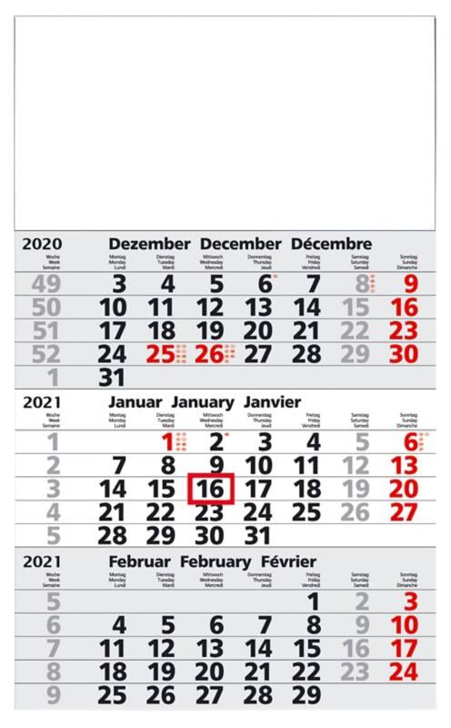 Calendrier Montage mural 2026 3 Mois par page Allemand, Anglais, Français 30 (L) x 49 (H) cm Multicolore
