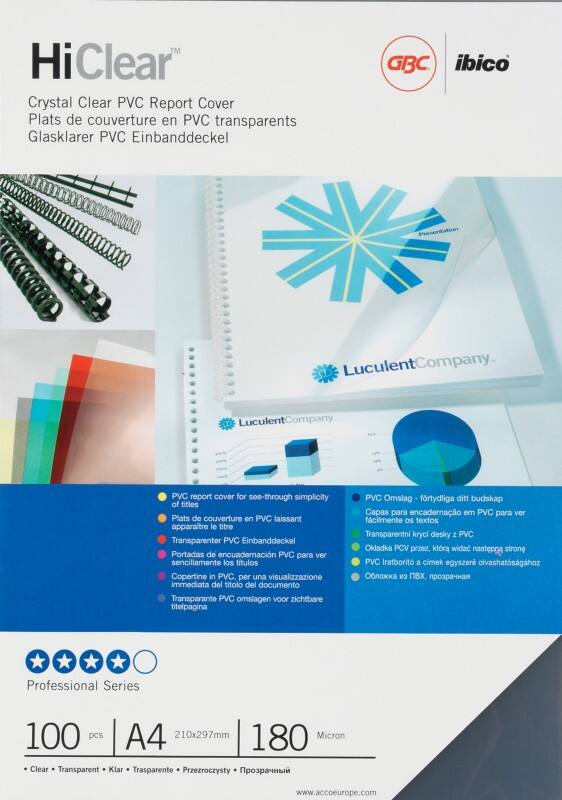 Couverture pour reliure GBC HiClear A4 180 microns Transparent 100 Unités