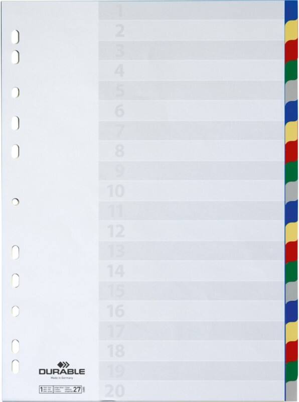 DURABLE Blanko Register DIN A4 Farbig Sortiert 20-teilig PP (Polypropylen) 11 Löcher 6758-27