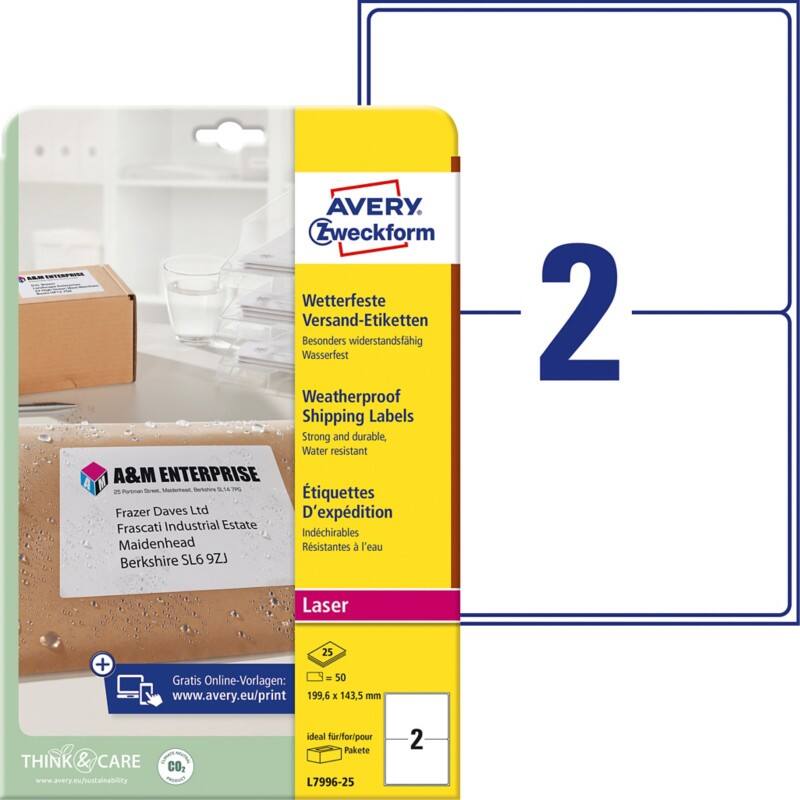 Étiquettes d'adresse AVERY Zweckform L7996-25 Adhésif A4 Blanc 199.6 x 143.5 mm 25 Feuilles de 2 Étiquettes